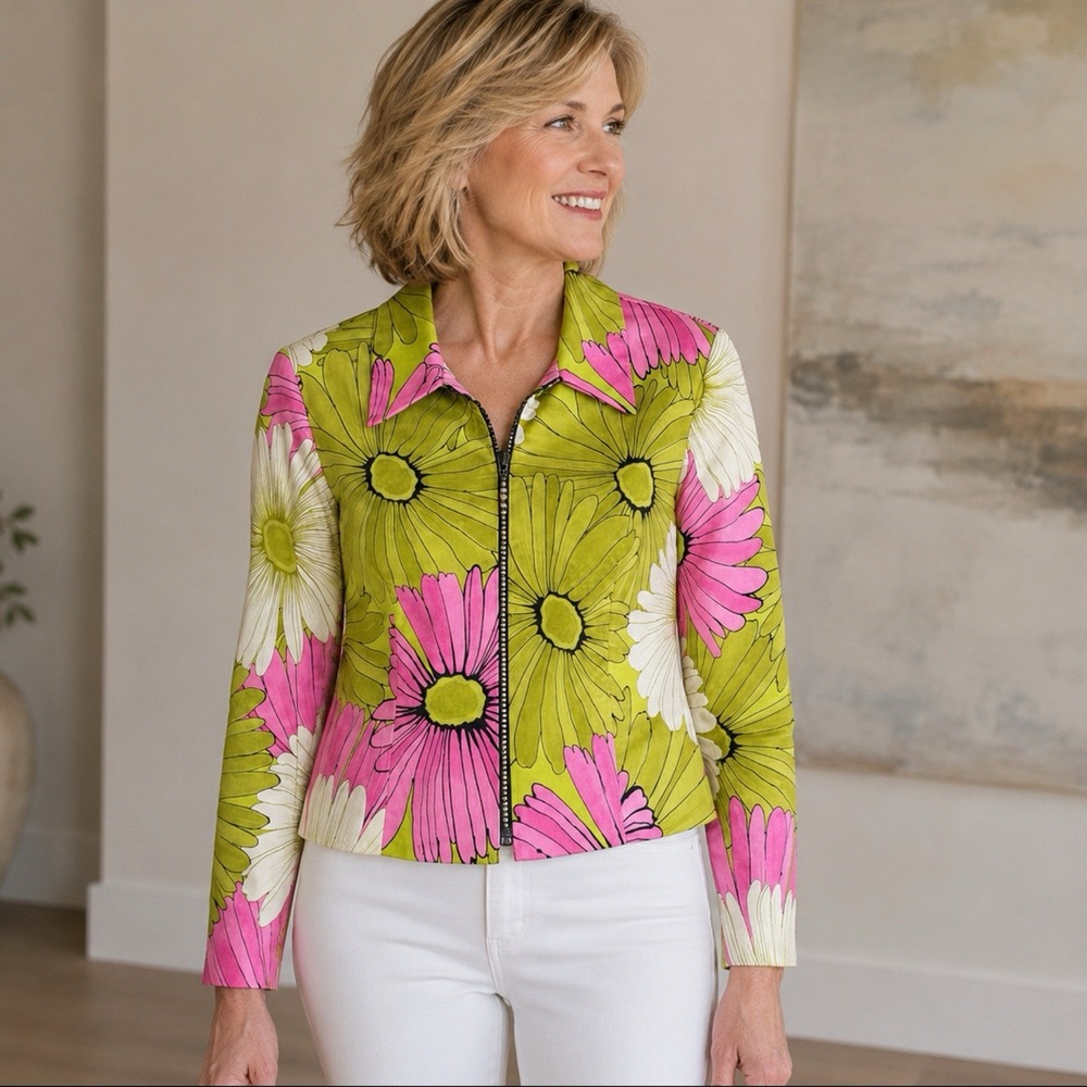 Joseph Ribkoff Floral Zip Jacket Size 8 Pink Green Cotton Stretch Mod Canada